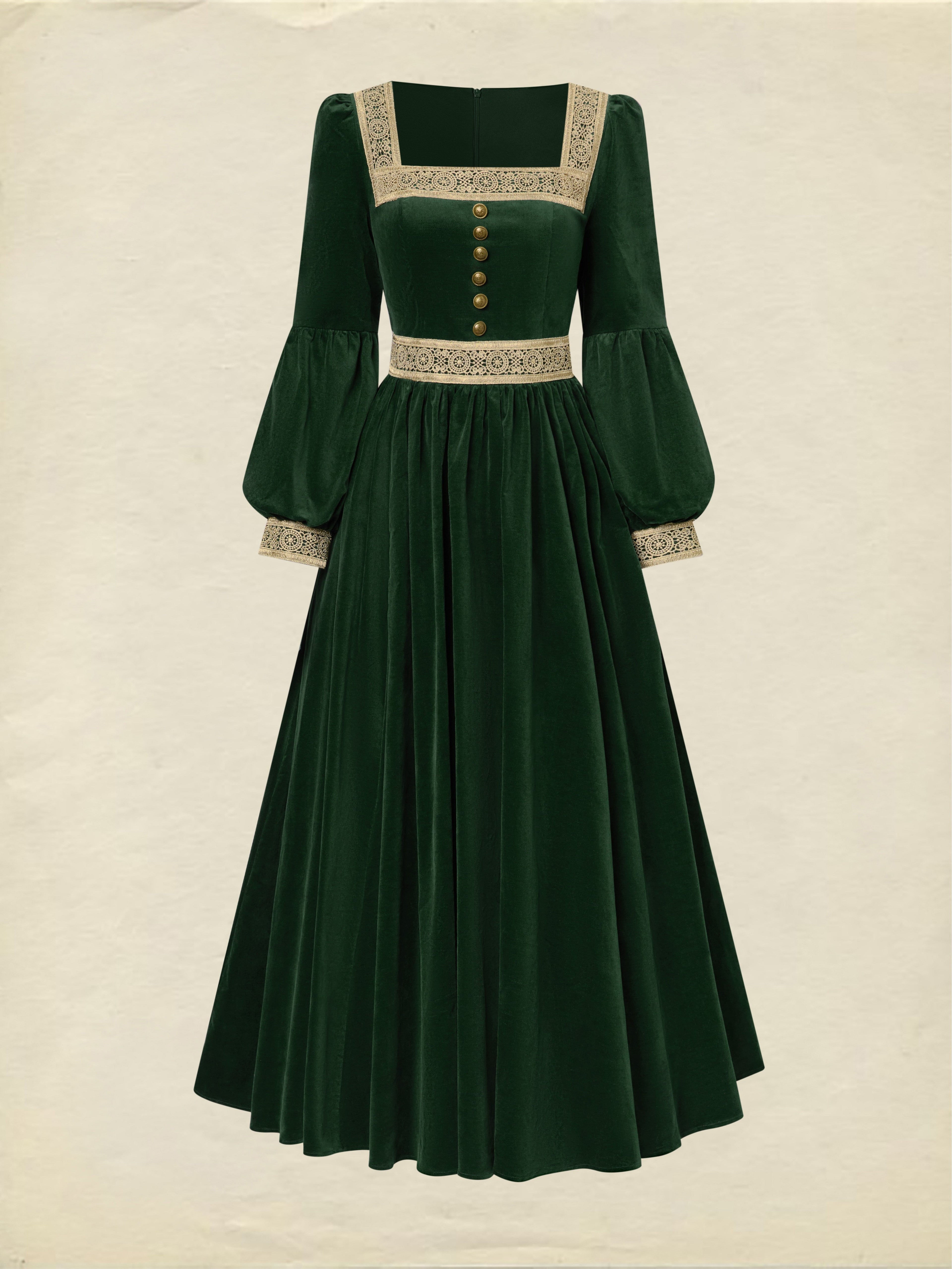 Maxi Cotton Dress, Long Sleeves, Square Neck, Plain, Lace, Vintage, Green