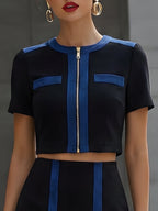Black & Blue Color-Block Short-Sleeve Crop Top + Mini Skirt Two-Piece Set