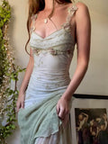 3D Flower Gauze Ruffled Sleeveless Spaghetti-Neck Maxi Dresses Fairytale Dress