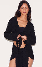 Black Bubble Texture Tie Front Top And Sarong Beach Set
