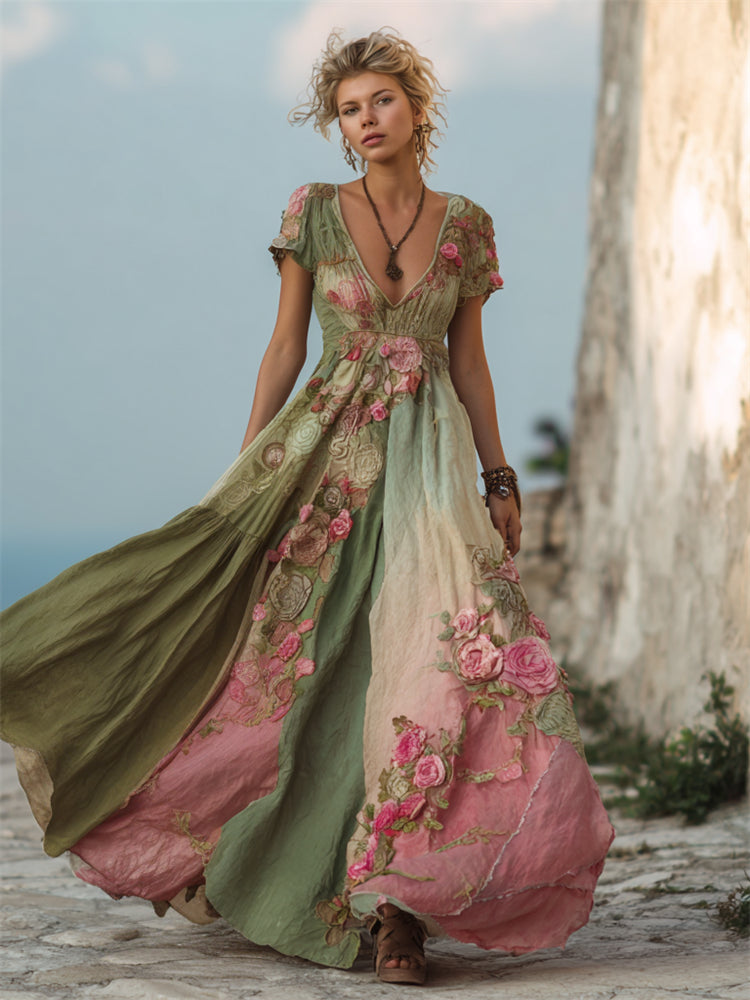 Vintage Pink Roses Gradient Patchwork Flowy Linen Maxi Dress