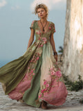 Vintage Pink Roses Gradient Patchwork Flowy Linen Maxi Dress