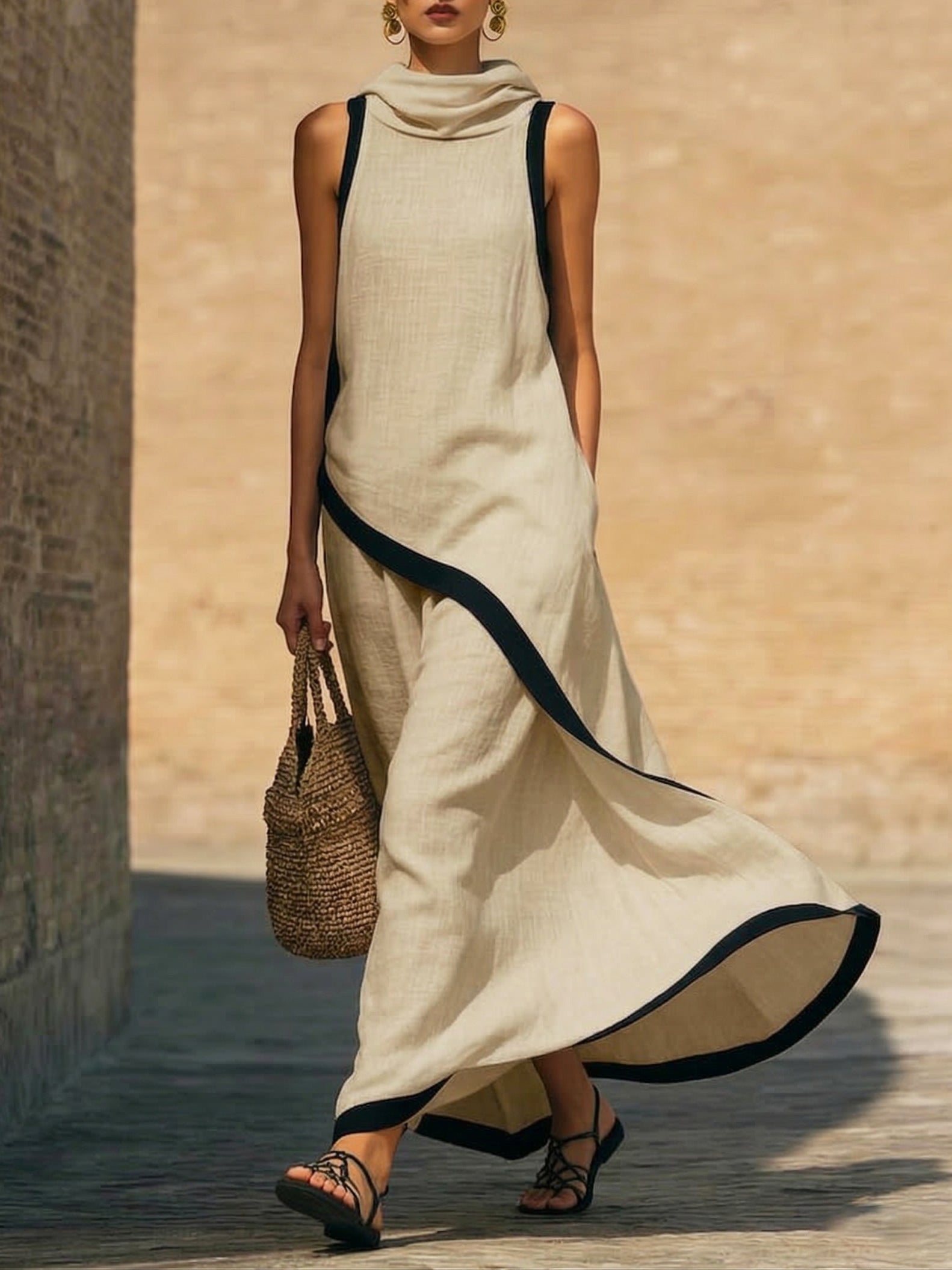 Elegant Color-block Trimmed Loose-fit Cotton-linen Hooded Dress