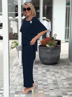 2Pcs Half-sleeve Beaded Top and Trouser Set