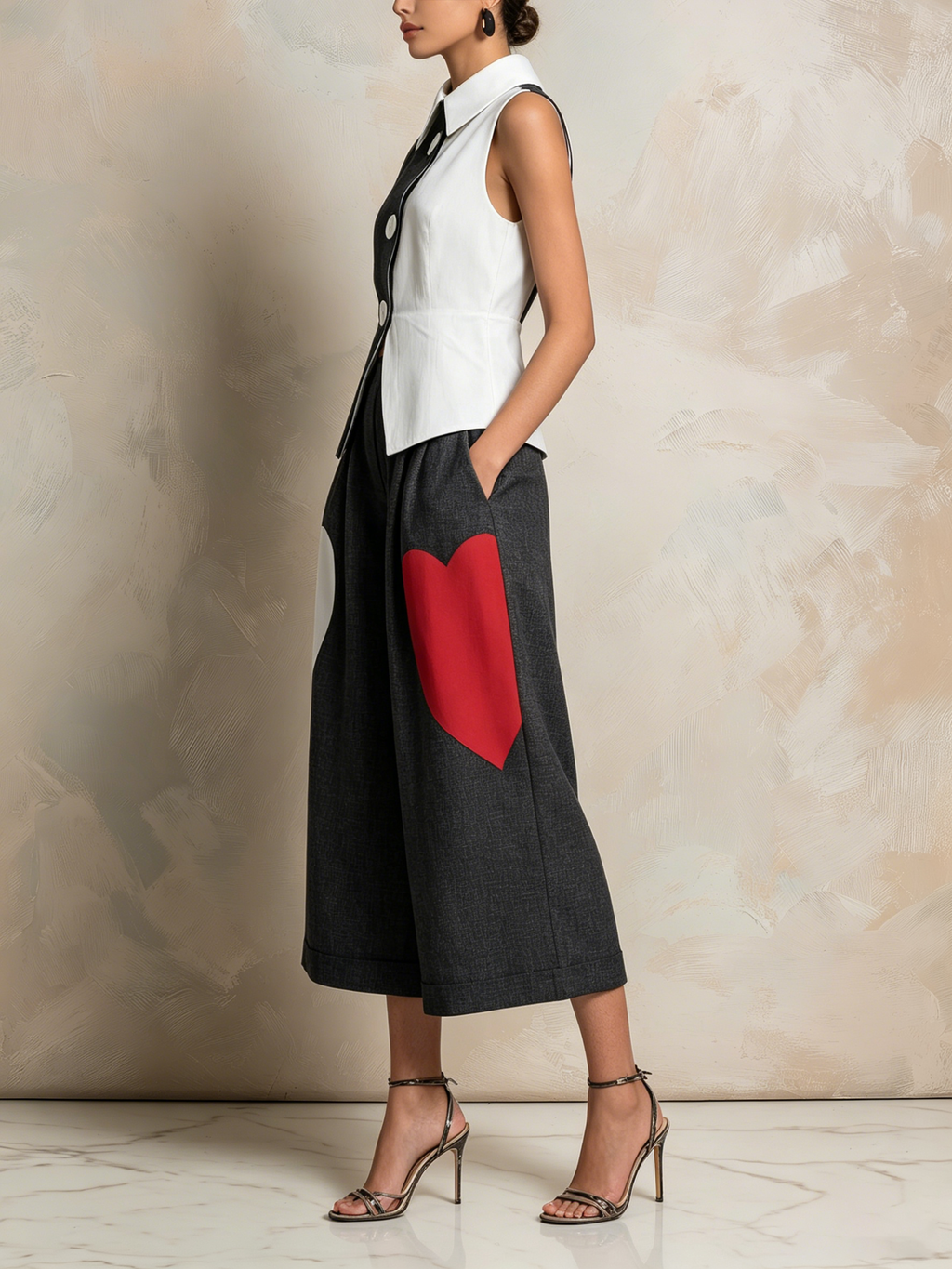 Color-Block Heart Patch Vest & Culottes Set