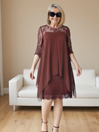 Elegant Lace Splicing Seven-quarter Sleeve Medium and Long Knee-length Chiffon