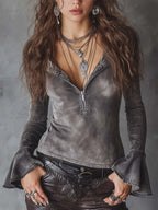 Washed Grey Denim Shirt With Zip-up Collar And Flared Cuffs