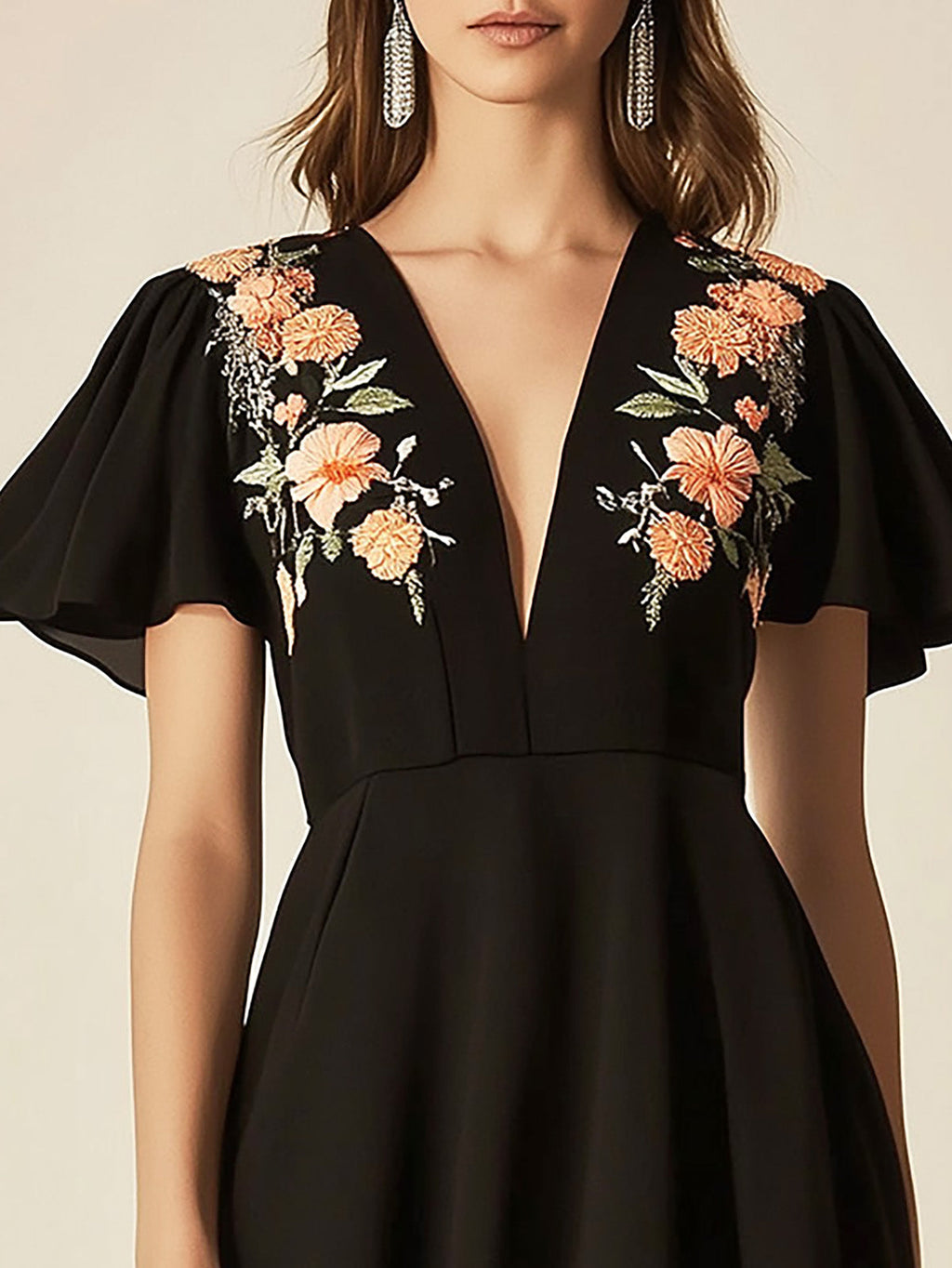Elegant Black Chiffon Dress with Shoulder Embroidery