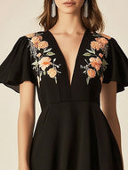 Elegant Black Chiffon Dress with Shoulder Embroidery