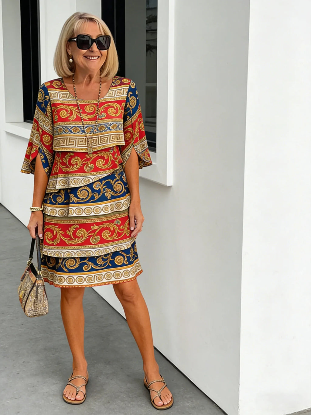 Chiffon Paisley Vacation Prints Color Round Neck Cake Skirt Splicing Dress Mid-length