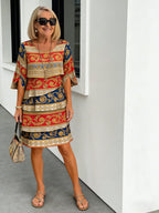 Chiffon Paisley Vacation Prints Color Round Neck Cake Skirt Splicing Dress Mid-length