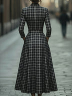 Plaid Check Belted Dress With V-Neckline