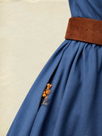 Midi Linen Dress, Half Sleeves, Shawl Collar, Plain, Button Design, Vintage, Dark_blue