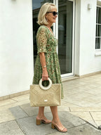 Green Floral Chiffon Tiered Midi Dress, V-Neck Frog Button Ruffle Short Sleeve Loose Casual Dress for Mature Women