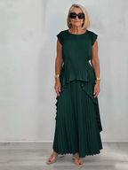 2Pcs Crew Neck Solid Color Sleeve Top Pleated Straight Pants Set Two-piece Set