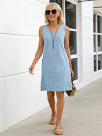 Textured Fabric Solid Color Crew Neck Loose Sleeveless Pocket Dress