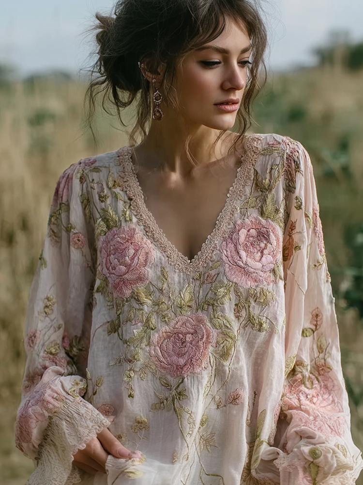 Bohemian Style Pink Floral Design V-neck Long-sleeve Top
