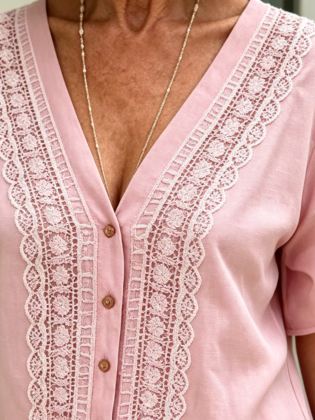 V-neck Short-sleeved Shirt Women's Loose Imitation Hemp Embroidered Button-up Top