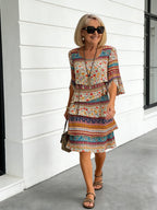 Chiffon Paisley Vacation Prints Color Round Neck Cake Skirt Splicing Dress Mid-length