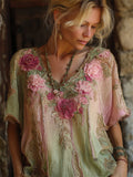 Boho Pink Roses 3d Embroidered Glitter Gradient Linen Shirt