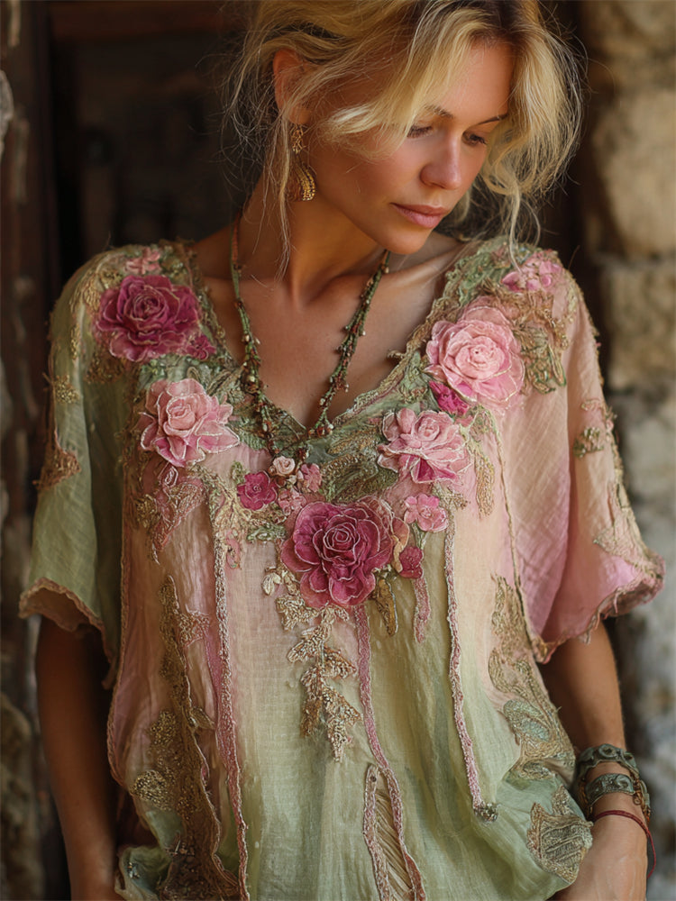 Boho Pink Roses 3d Embroidered Glitter Gradient Linen Shirt