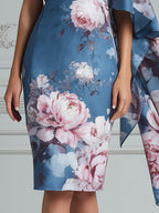 Blue Floral Print Off-Shoulder Satin Midi Dress