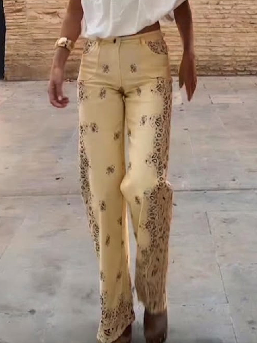Casual Bohemian Paisley Print Cotton Pants