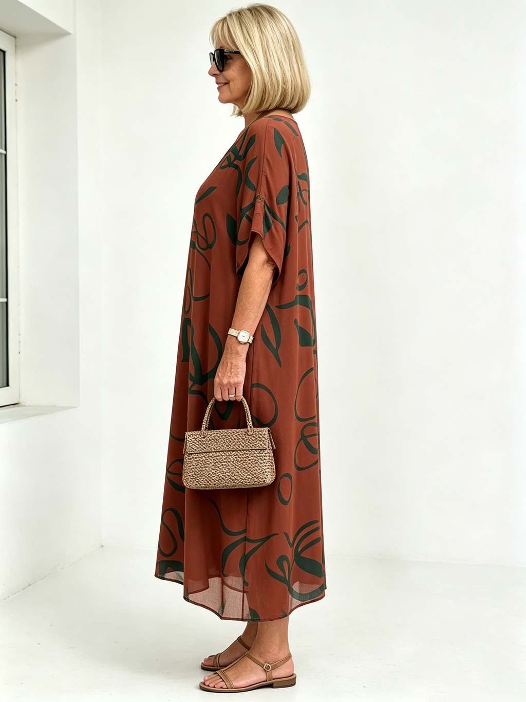 Black Abstract Print Chiffon Midi Dress, V-Neck Short Sleeve Loose Tummy Concealing Back Tie Vacation Dress for Mature Women