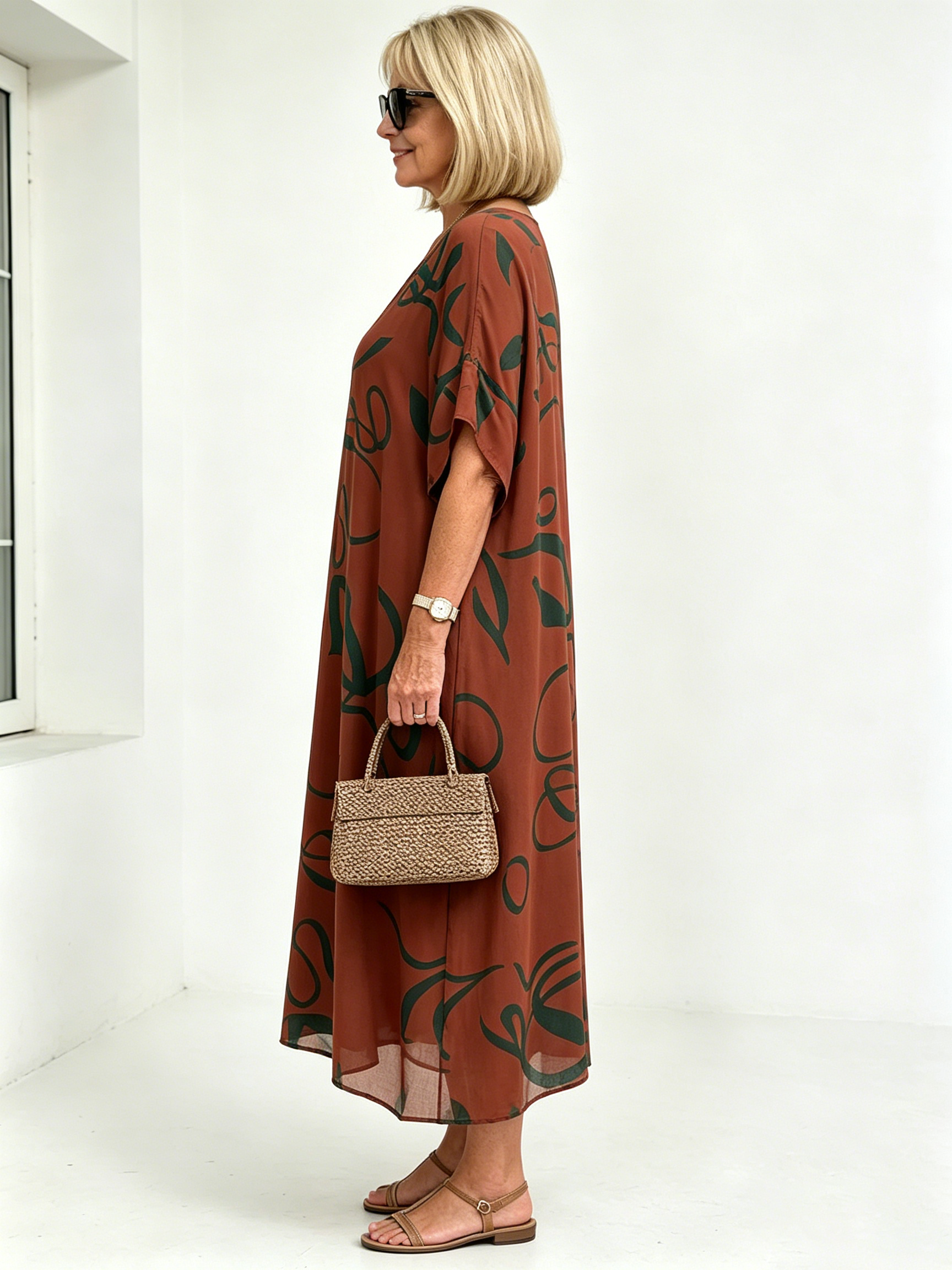 Black Abstract Print Chiffon Midi Dress, V-Neck Short Sleeve Loose Tummy Concealing Back Tie Vacation Dress for Mature Women