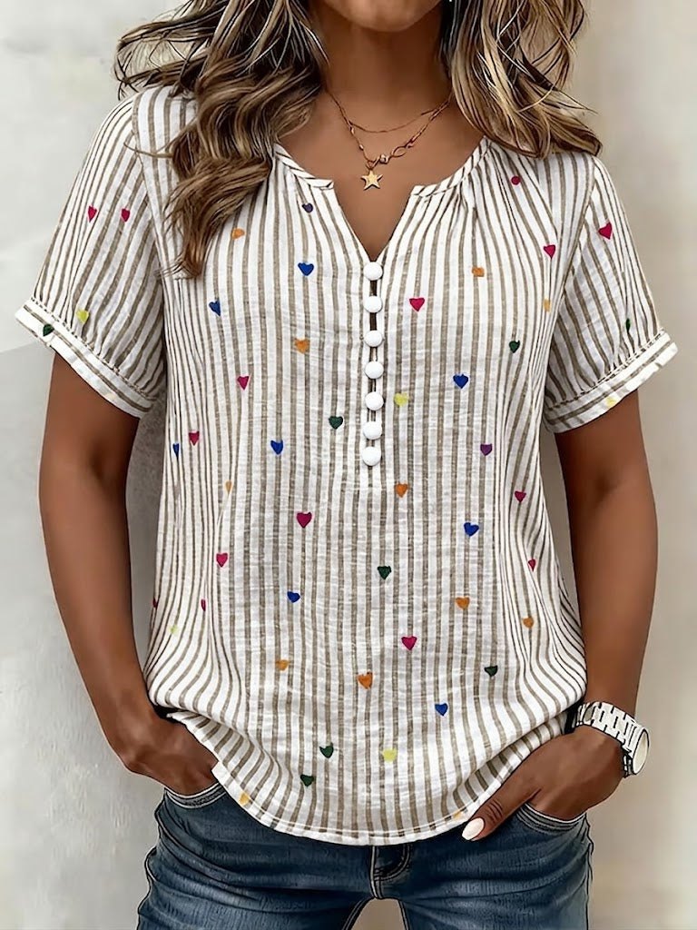 Casual Heart And Stripe Linen-cotton Shirt