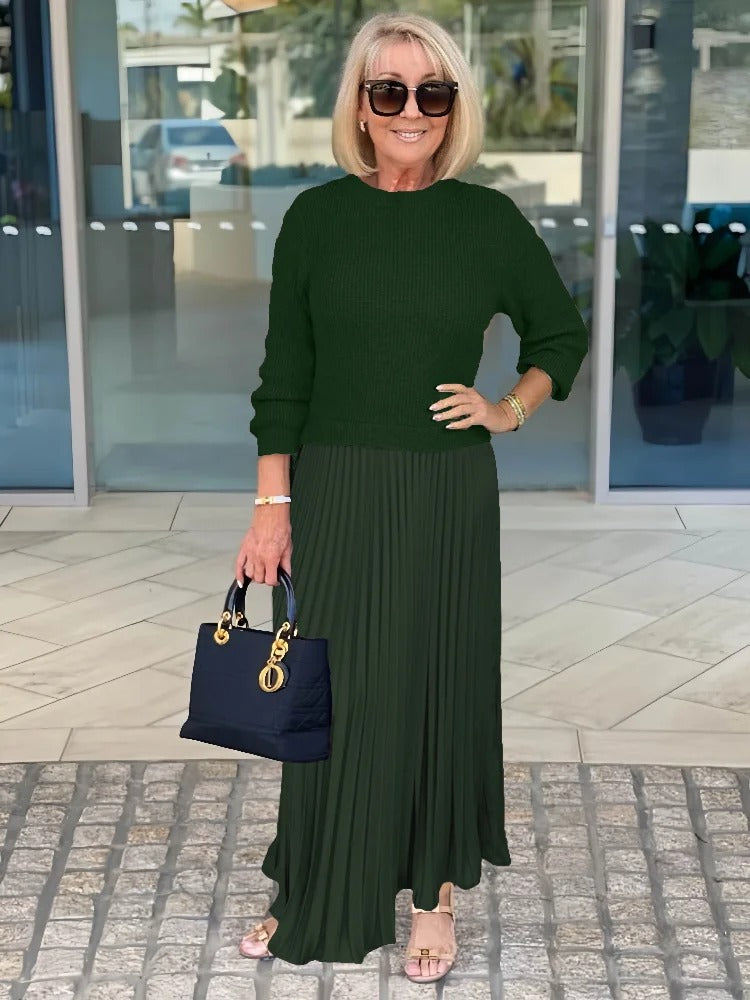 Knitted Long-sleeved Splicing Pleated Dress