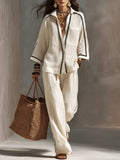 Women's Striped Decorative Shirt And Wide-leg Pants Set
