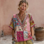Women's Vintage Bohemian Floral Embroidery Art V-neck Linen Blend T-shirt