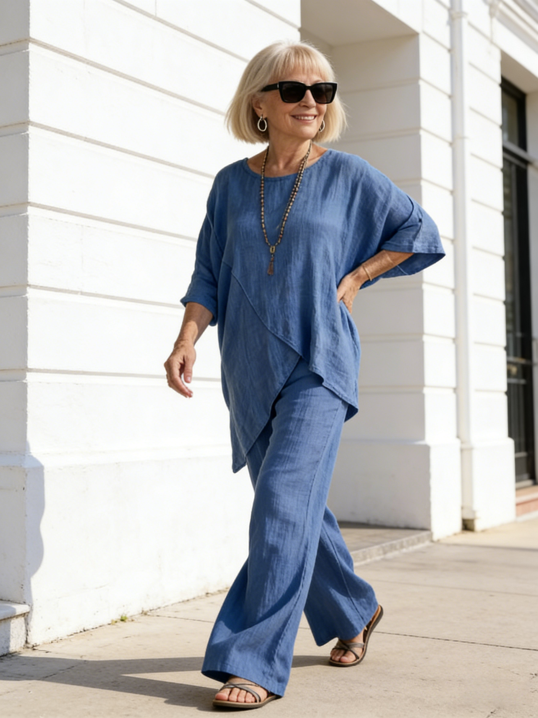 2Pcs Set Cotton and Linen Sleeves Round Neck Loose Casual Irregular Hem Set