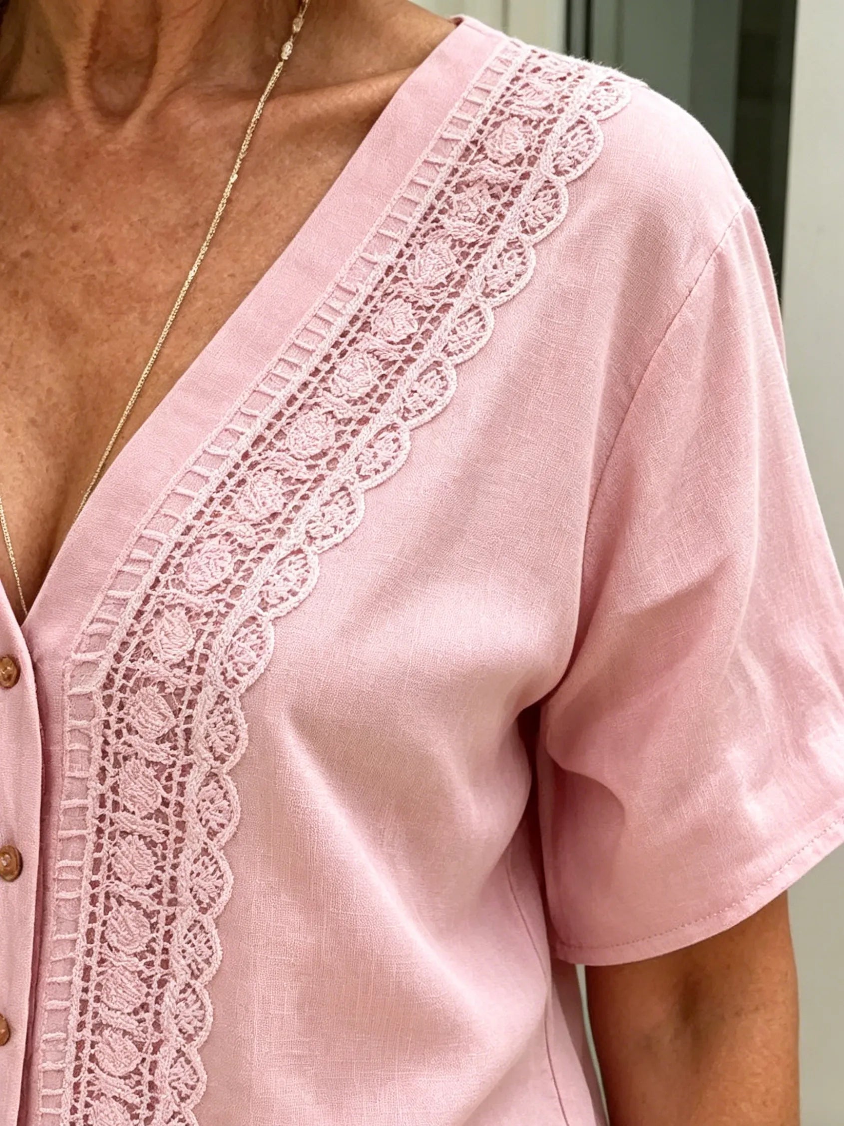 V-neck Short-sleeved Shirt Women's Loose Imitation Hemp Embroidered Button-up Top
