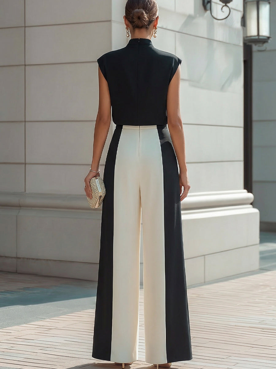 High-Neck Sleeveless Top & Contrast Wide-Leg Pants Set