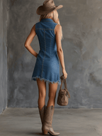 Fashionable Retro Blue Denim Collared Sleeveless Pocket Mini Dress