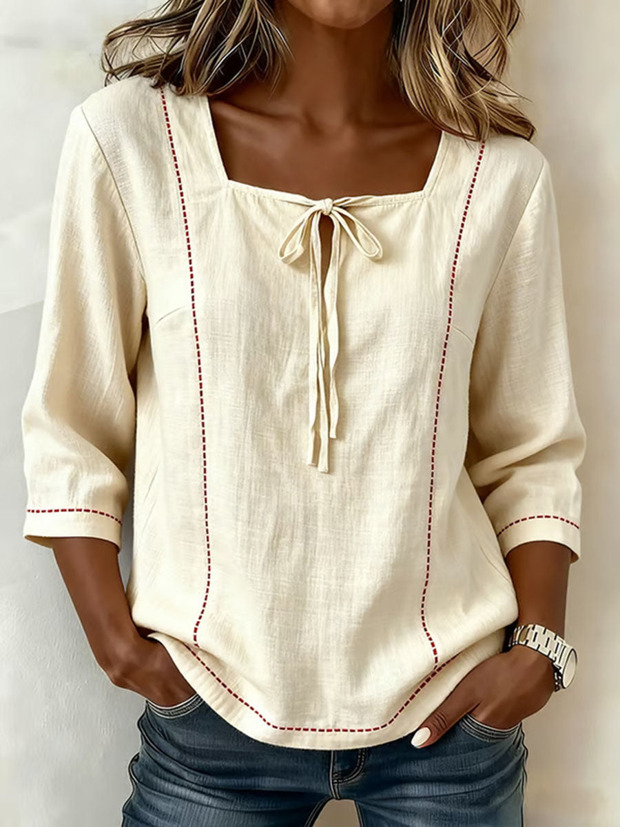 Women's Square-neck 3/4-sleeve Loose-fit Cotton-linen Top