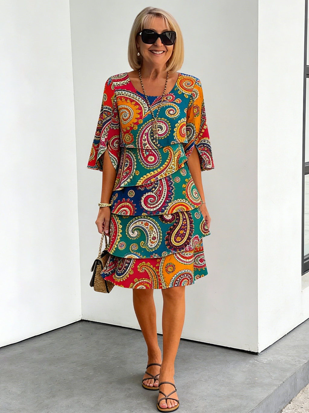 Chiffon Paisley Vacation Prints Color Round Neck Cake Skirt Splicing Dress Mid-length