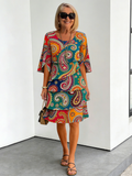 Chiffon Paisley Vacation Prints Color Round Neck Cake Skirt Splicing Dress Mid-length