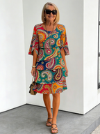 Chiffon Paisley Vacation Prints Color Round Neck Cake Skirt Splicing Dress Mid-length