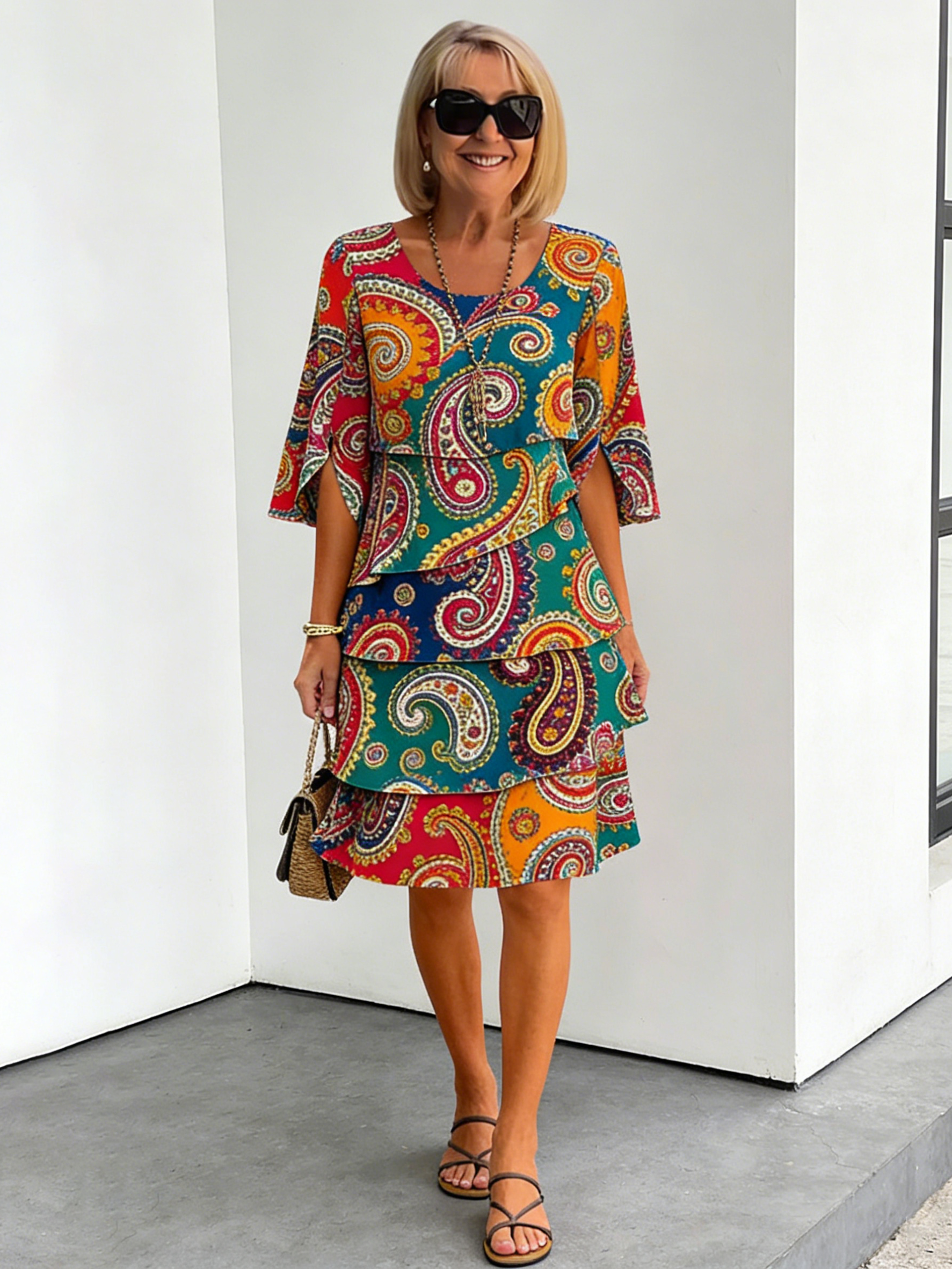 Chiffon Paisley Vacation Prints Color Round Neck Cake Skirt Splicing Dress Mid-length