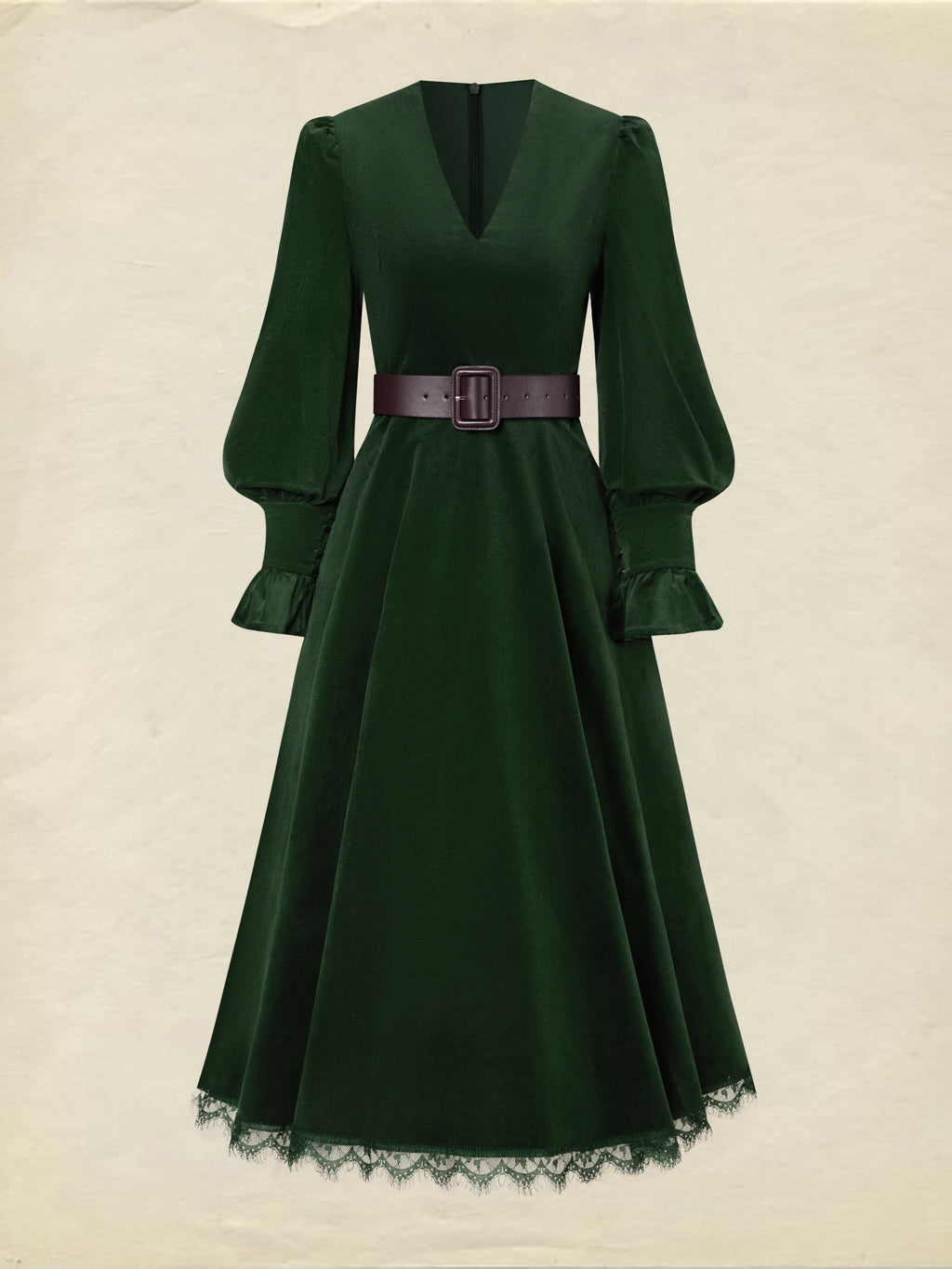 Midi Cotton Dress, Long Sleeves, V Neck, Plain, Lace, Vintage, Green