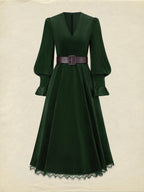 Midi Cotton Dress, Long Sleeves, V Neck, Plain, Lace, Vintage, Green