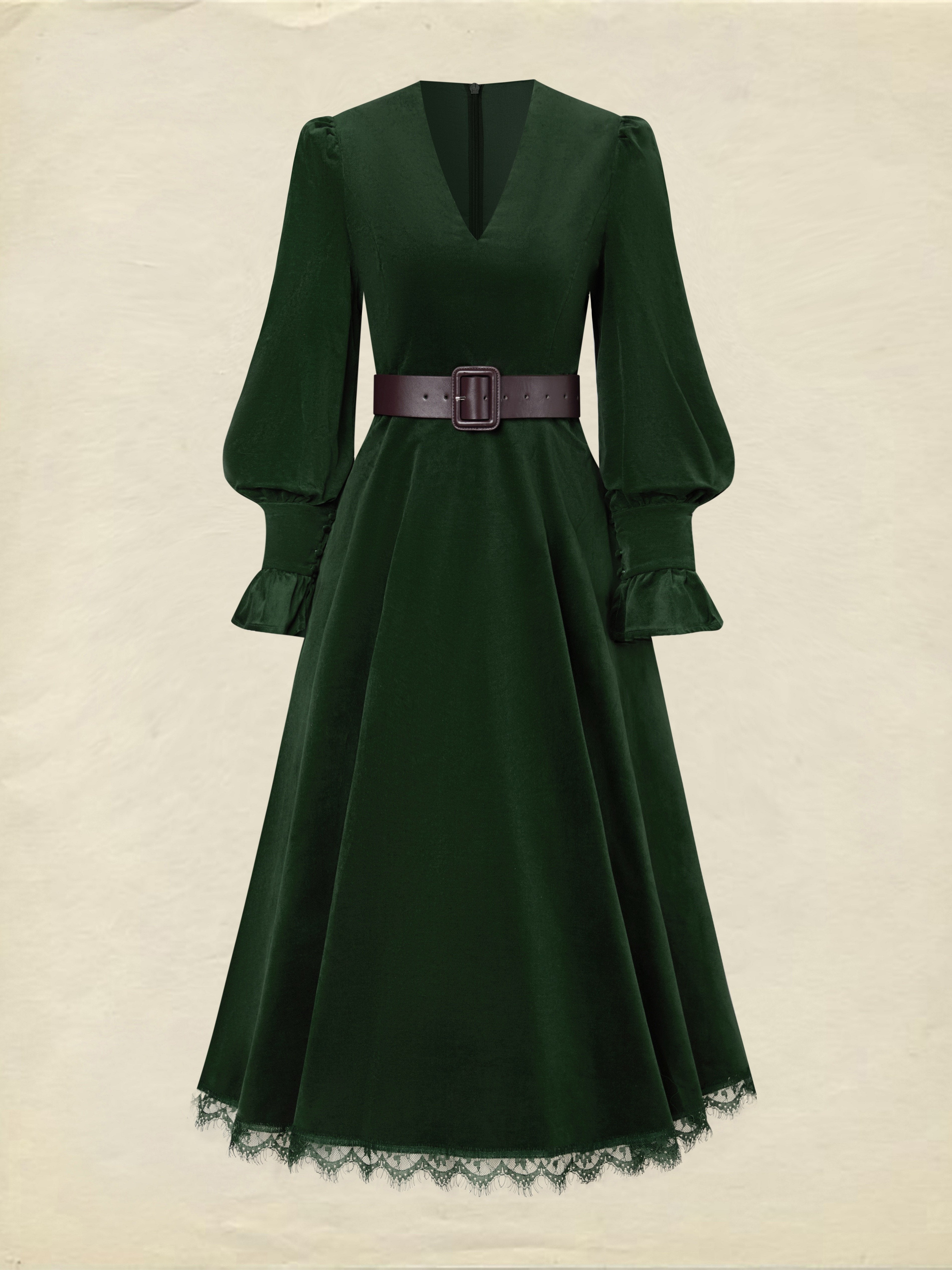 Midi Cotton Dress, Long Sleeves, V Neck, Plain, Lace, Vintage, Green
