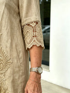 V-neck A-shaped Skirt Solid Color Lace Dress  Five-quarter Sleeve
