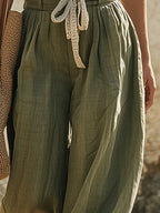 Casual Retro Mesh Knit Vest And Green Cotton Linen Wide-leg Pants Set