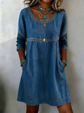 Women's Vintage-style Lace-trimmed Cotton Denim Casual Dress