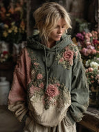 Vintage Retro Floral Patch Art Hooded Sweater