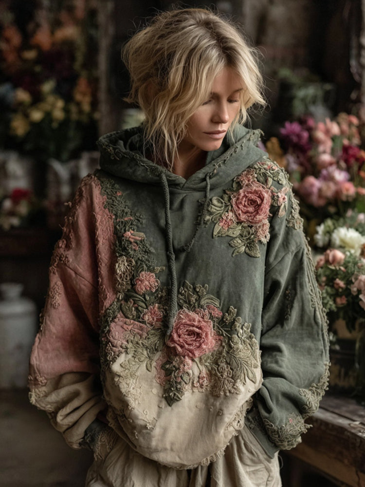 Vintage Retro Floral Patch Art Hooded Sweater